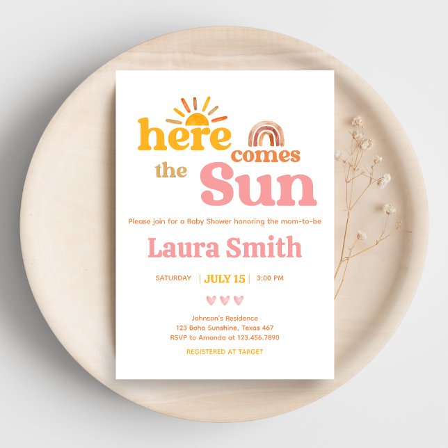 Convites Aqui vem o Sol  Chá de Bebê (Here comes the Sun Sunshine Baby Shower Invitation)
