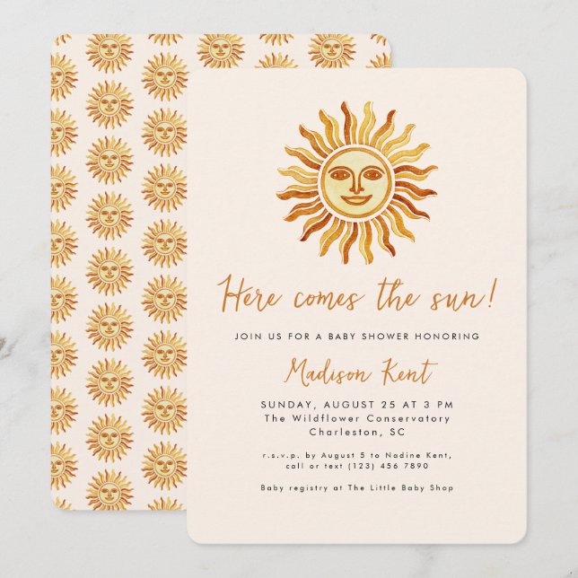 Convites Aqui Vem o Sol Chá de Bebê Boho Moderno do Sol (Frente/Verso)