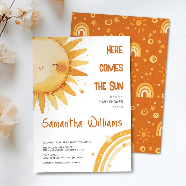 Convites Aqui vem o Sol | Chá de fraldas Boho Rainbow (Here comes the Sun watercolor cute baby shower invitation )
