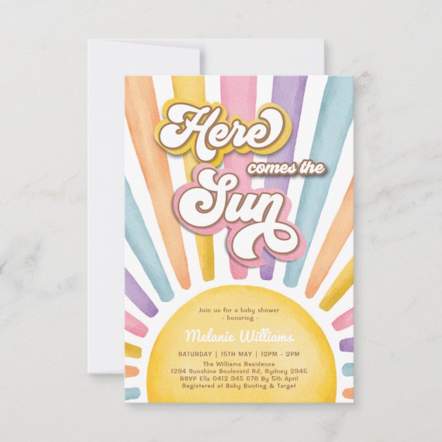 Convites Aqui Vem o Sol: Chuveiro de Bebê Menina Boho Sunsh (Frente)