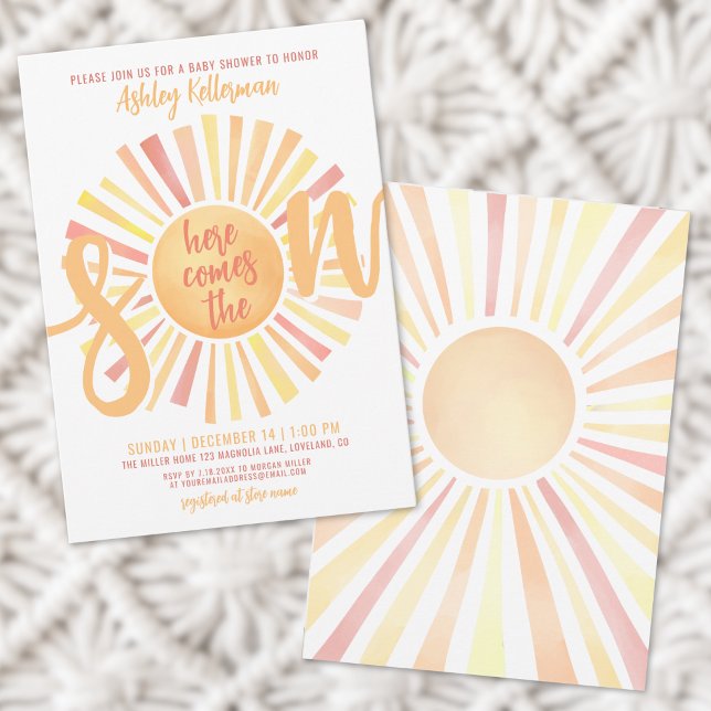 Convites Aqui Vem o Sol, Chuvinha de Amor para o Bebê (Here Comes The Son Sun Baby Shower Invitation)