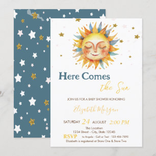 Convites Aqui Vem o Sol Dourado Brilho Estrelas Baby Shower