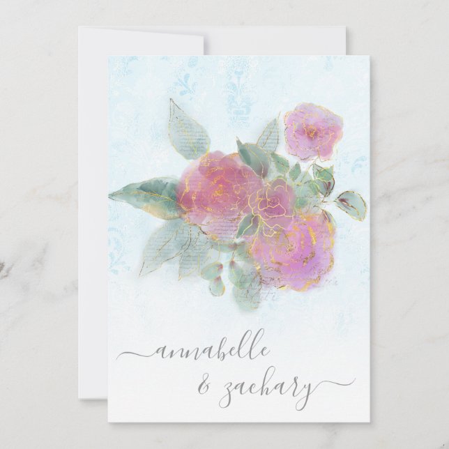 Convites *~* AR12 QR Damask RSVP Rose Bouquet Wedding Invi (Frente)