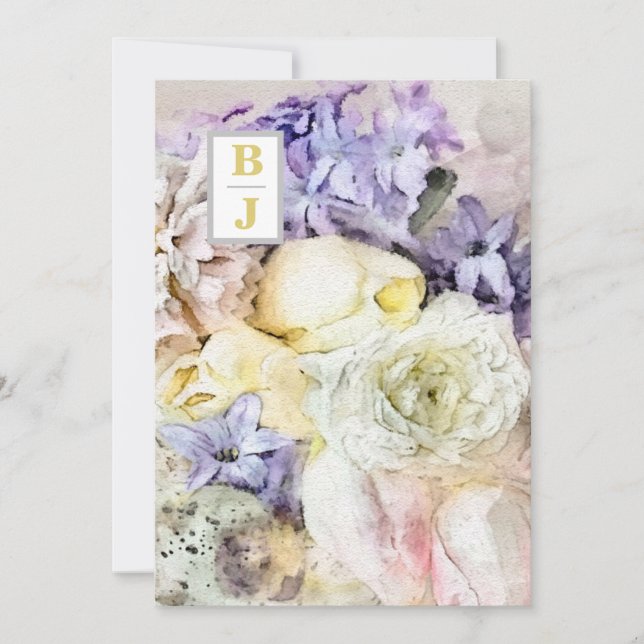 Convites *~ AR26 Buquê de Iniciais do País RSVP Casamento Q (Frente)