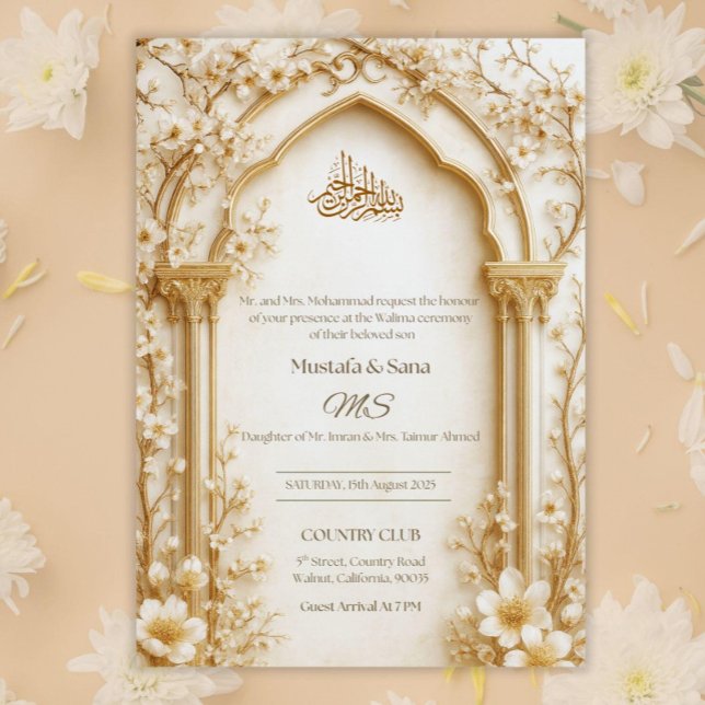 Convites Arabesco Bege/Dourado Arco Islâmico Floral Digital (Criador carregado)