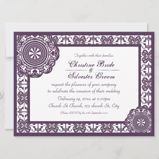 Convites Arábico Roxo Lace, casamento 6.5x8.75 (Frente)