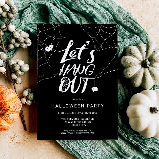 Convites Aranha-do-dia-das-bruxas-de-bruxas-do-halloween br (White cute modern Halloween spider hang out script Invitation)