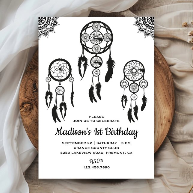 Convites Arapuca Boho Tribal Preto e Branco para Aniversári (Criador carregado)
