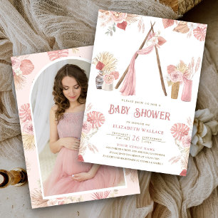 Convites Arbusto de Praia Boho Floral Rosa Foto Chá de Bebê