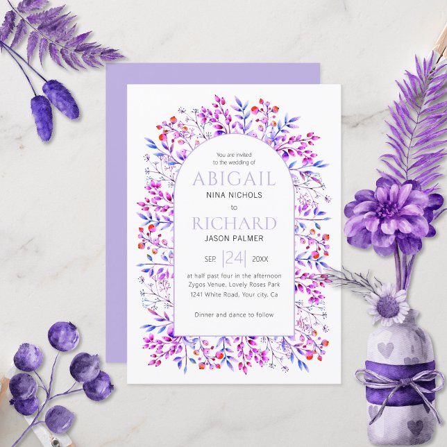 Convites Arca com folhas, bagas lavanda casamento roxo (Criador carregado)
