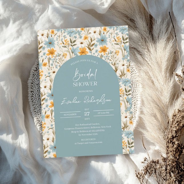 Convites Arca-de-boho-aquarela-clara-amarela-clara (Boho arch watercolor light blue yellow wildflowers invitation)