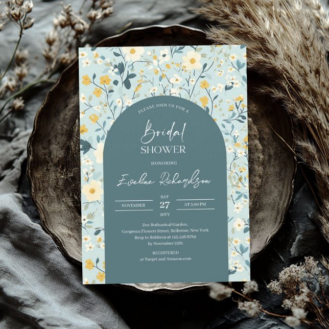 Convites Arca-de-boho-aquarela pastel verde flores silvestr (Boho arch watercolor pastel green wildflowers invitation)