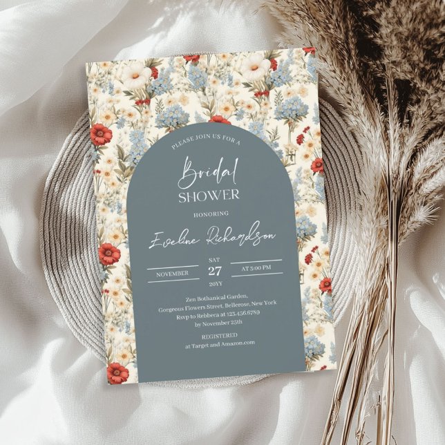 Convites Arca de Boho azul empoeirado e flores silvestres e (Boho arch dusty blue and burgundy wildflowers invitation)