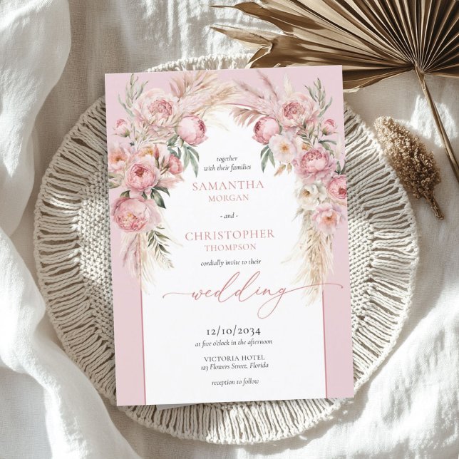 Convites Arca de boho borrifa peões pampas eucalipto (Boho arch blush peonies pampas grass eucalyptus invitation)