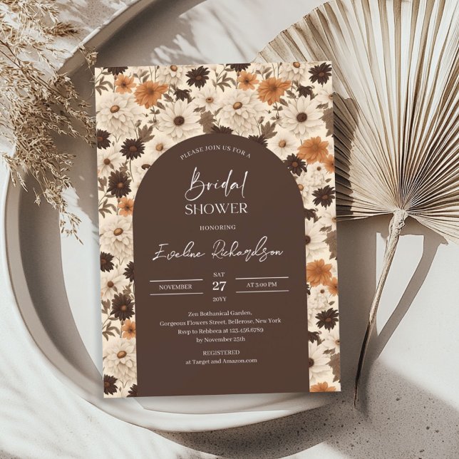 Convites Arca de boho castanho matiz marfim flor de marfim (Boho arch watercolor brown hues ivory wildflower invitation)