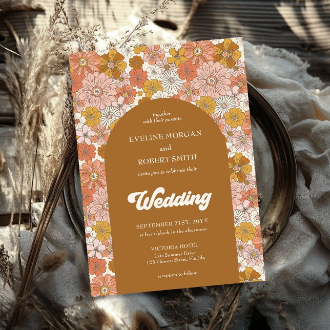 Convites Arca-de-boho, laranja-acastanhada e flores de marf (Boho arch brown orange and ivory flowers invitation)