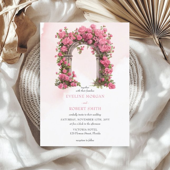 Convites Arca de casamento de rosas magenta rosa-quente com (Watercolor hot pink magenta roses wedding arch invitation)