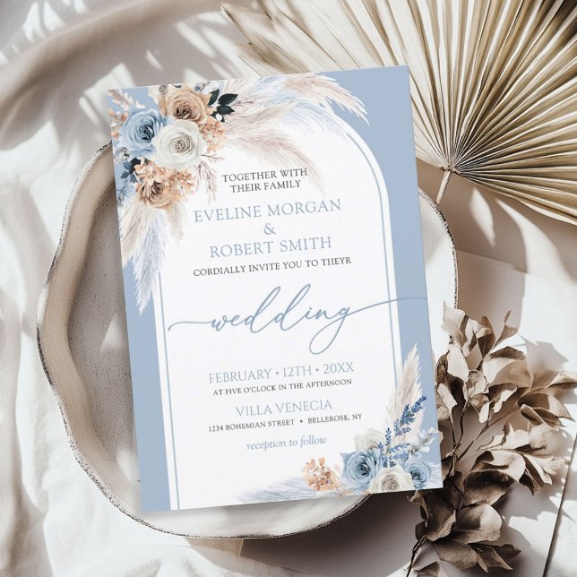 Convites Arca de pampas de rosas azuis empoeirada de cor aq (Elegant watercolor dusty blue roses pampas arch invitation)