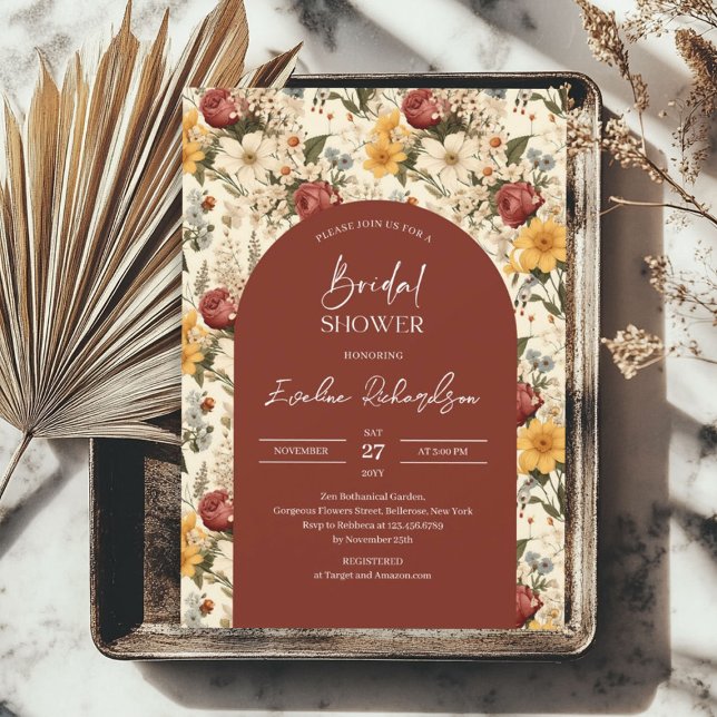 Convites Arca-do-boho-aquarela terracotta (Boho arch watercolor terracotta yellow wildflowers invitation)