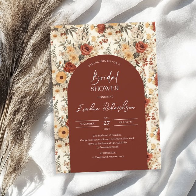 Convites Arca-do-boho-aquarela terracotta (Boho arch watercolor terracotta yellow wildflowers invitation)