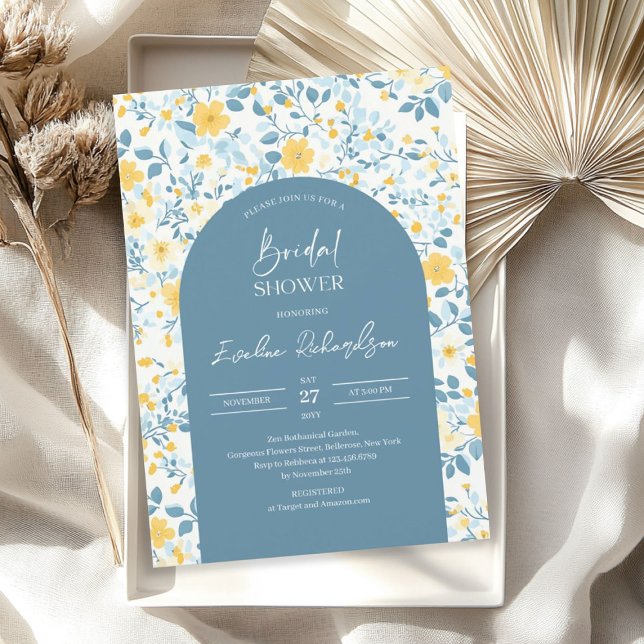 Convites Arca-do-boho, flores silvestres azuis-claras e col (Boho arch colorful light blue yellow wildflowers invitation)