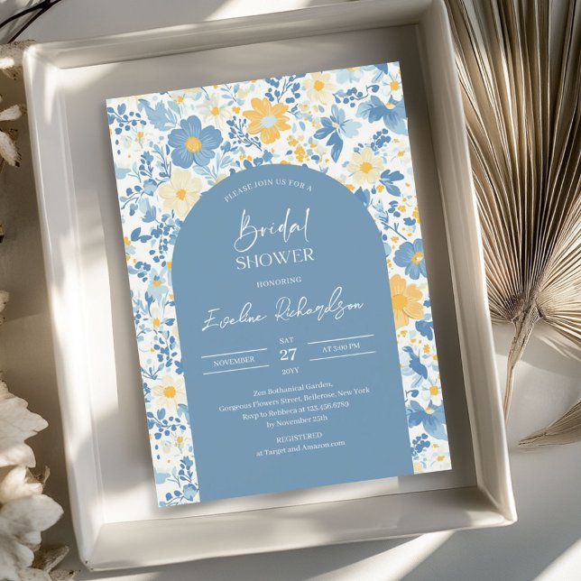 Convites Arca-do-boho, flores silvestres azuis-claras e col (Boho arch colorful light blue yellow wildflowers invitation)