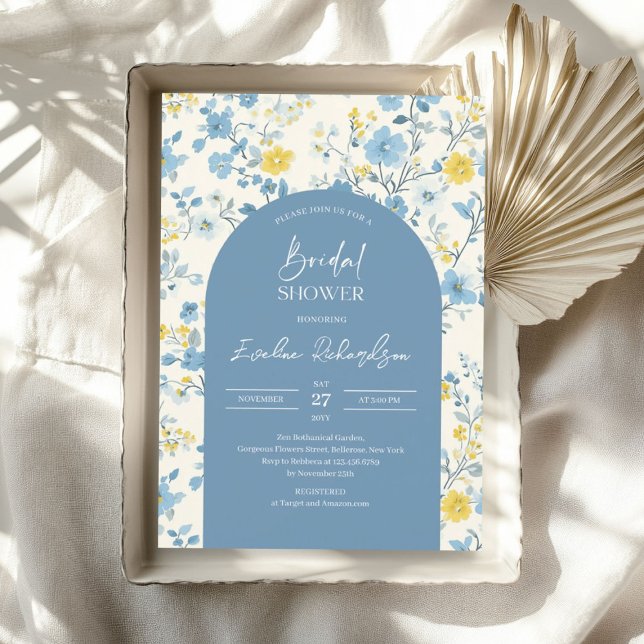 Convites Arca-do-boho, flores silvestres azuis-claras e col (Boho arch colorful light blue yellow wildflowers invitation)