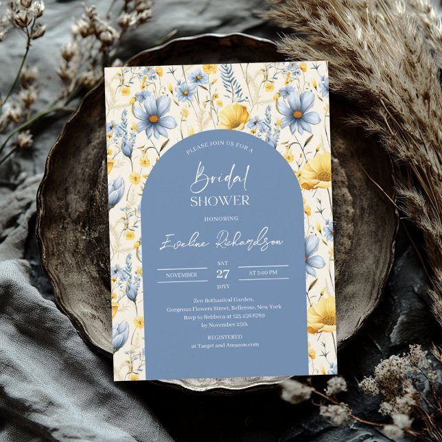 Convites Arca-do-boho, flores silvestres azuis-claras e col (Boho arch colorful light blue yellow wildflowers invitation)