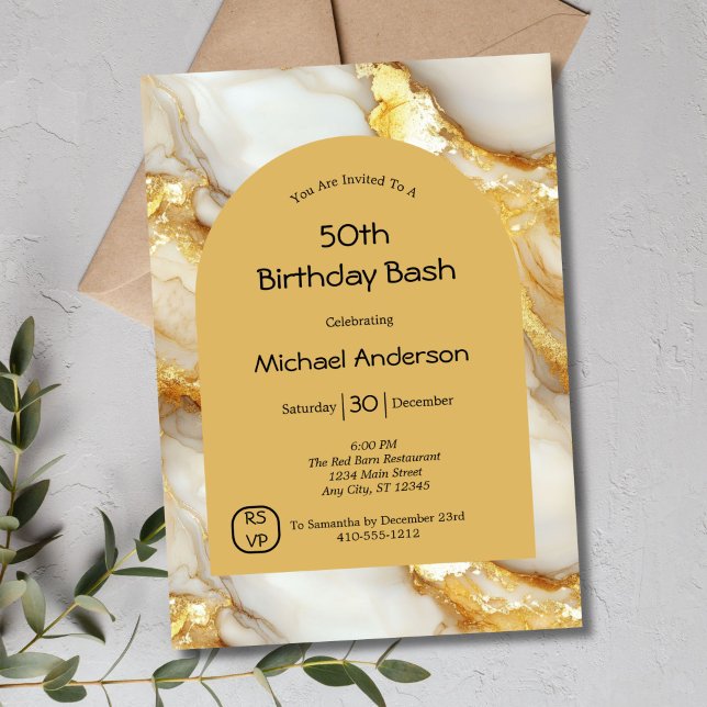 Convites Arca Dourada Branca de Mármore Preta 50º Aniversár (Gold White Marble Modern Arch 50th Birthday invitation for him or her)