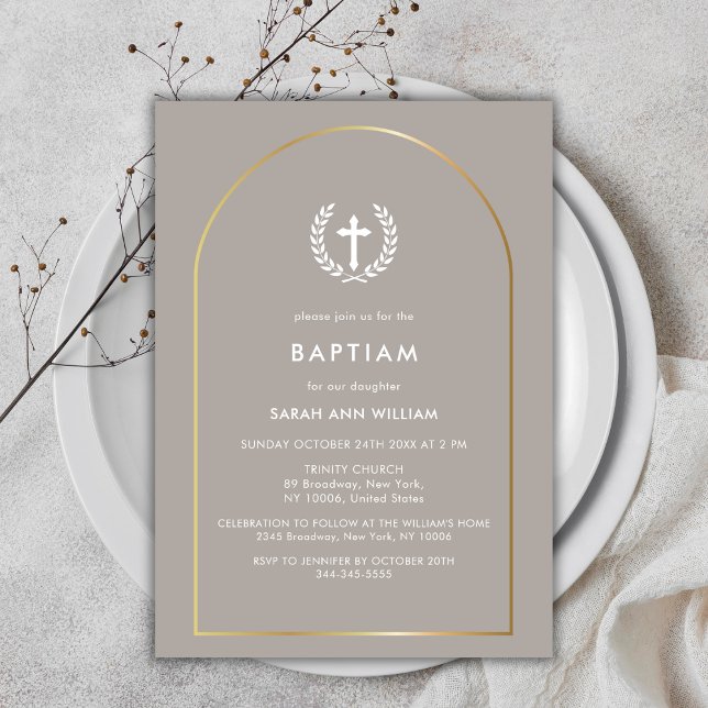 Convites Arca Dourada Elegante Neutra Batismo Cruzado (Neutral Elegant Gold Arch Wreath Cross Baptism Invitation)