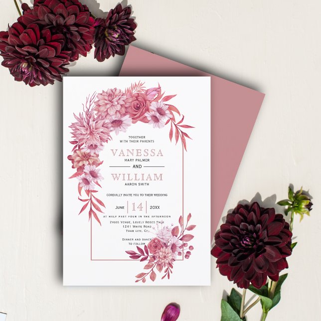 Convites Arca e flores cor-de-rosa rosa poeirentas, folhas  (Criador carregado)