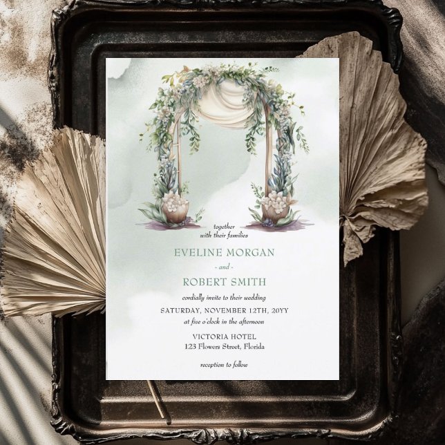Convites Arca Elegante Boho Greenery Folafy (Elegant watercolor boho greenery leafy arch invitation)