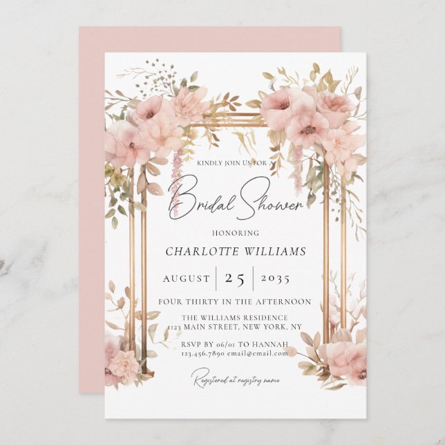 Convites Arca Floral Rosa-Elegante do Chá de panela (Frente/Verso)