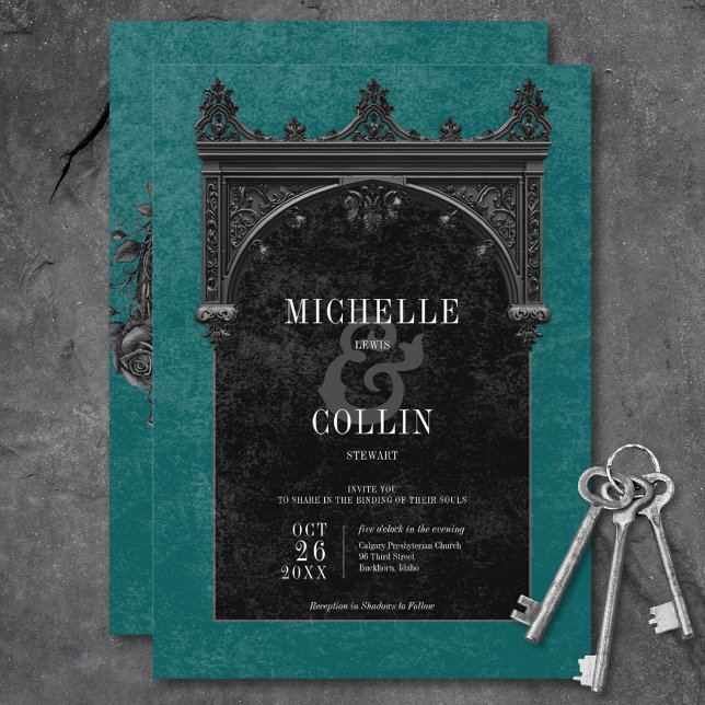 Convites Arca Negra Gótica e Casamento Teal de Rosas Negras (Gothic Black Arch & Black Roses Teal Wedding Invitation)
