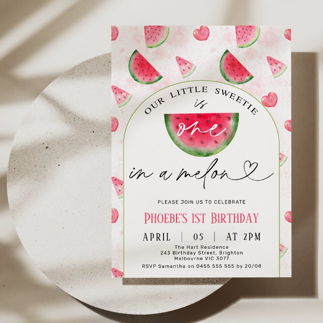 Convites Arca Vermelha Moderna Um Em Um primeiro aniversari (Modern One In A Melon 1st Birthday Invitation Template, Watermelon Themed First Birthday Invitation)