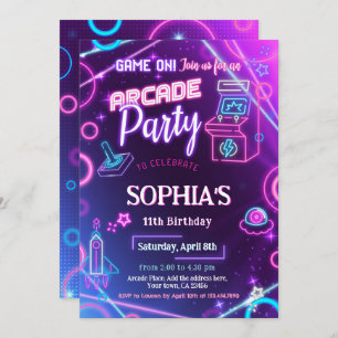 Convites Arcade Neon Glow Festa de aniversário