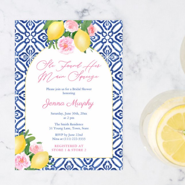 Convites Arch Amalfi Coast Lemon Main Squeze Chá de panela (She Found Her Main Squeeze. Contemporary Italian bridal shower invitation design with modern arch)