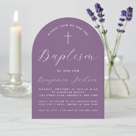 Convites Arch Baptism Dusty Roxo Script Moderno e Cruz