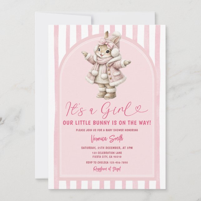 Convites Arch Boho Cute Bunny pink bow baby shower (Frente)