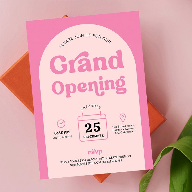 Convites Arch de Trendência Retroativa Nova Abertura de Neg (Trendy Pink Business Grand Opening invitation design, featuring retro fonts and arch background )