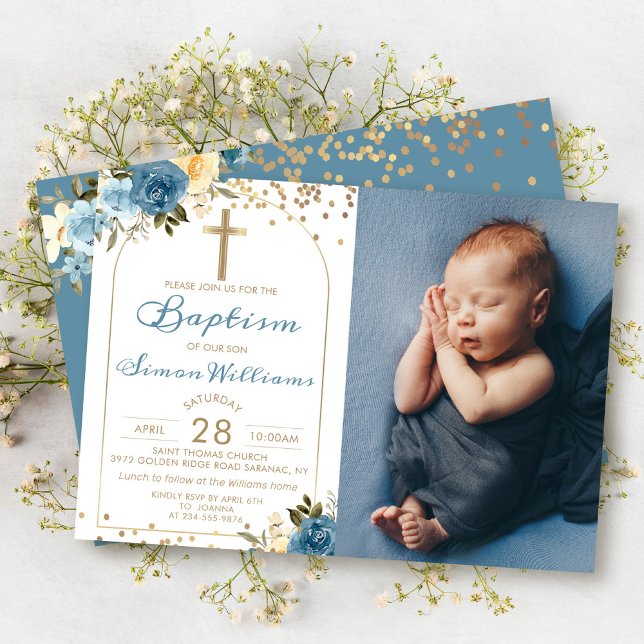 Convites Arch Dusky Blue Floral Dourada Glitter Baptism Fot (Criador carregado)
