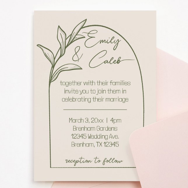 Convites Arch Folha Moderna Tan e Casamento Verde (cream and green arch leaf botanical design. script cursive writing. romantic, modern, simple feel)