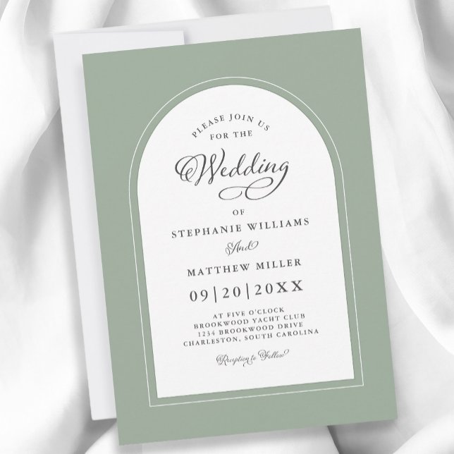 Convites Arch Moderno Elegante Caligrafia Sage Green (Elegant Arch Modern Calligraphy Wedding Sage Green Invitation)