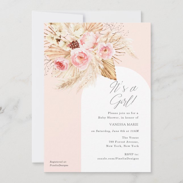 Convites Arch Moderno Rosa Boho Floral Pampas É uma garota (Frente)