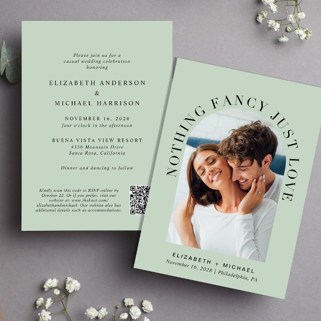 Convites Arch Photo Código QR Nada de Rico Apenas Ame Casam (Celebrate your love story with an invitation showcasing your favorite photo in an elegant arch frame)