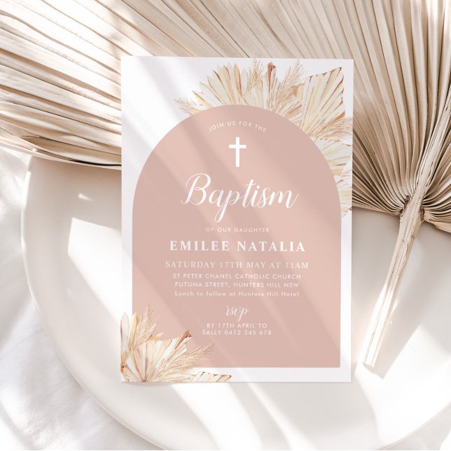 Convites Arch Pink Boho Floral Girinas Baptism Christening (Pink Boho Baptism Invitation)