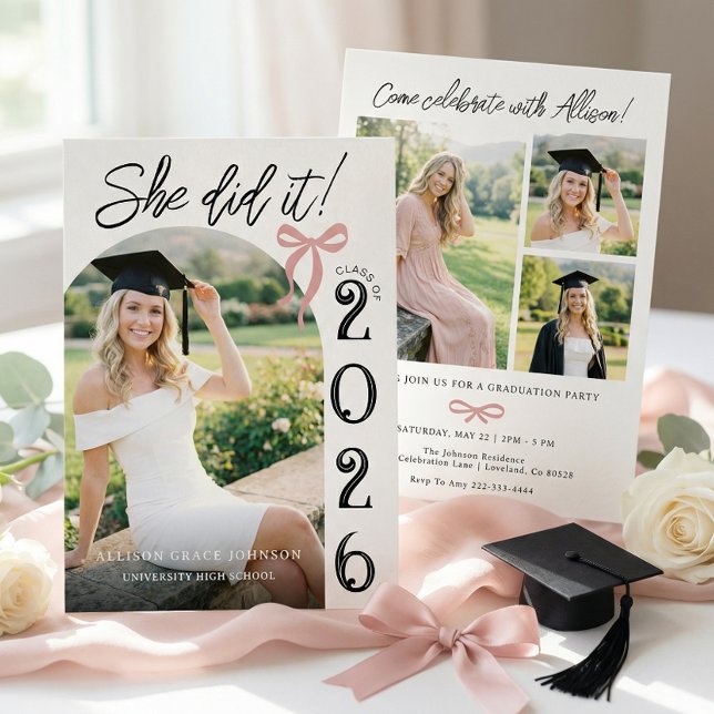 Convites Arch Pink Bow Photo Graduation Party Invitation (Criador carregado)
