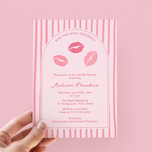 Convites Arch Pink Lips Kiss The Miss Goodbye Bridal Shower (Modern pink kissy lips Valentine's Day bridal shower invitations with modern arch)