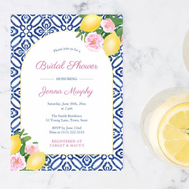 Convites Arch Positano Lemons Chá de casamento Azulejo Azul (Arch shape pink flowers positano lemons bridal shower invitations)