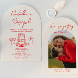 Convites Arched Retro Hand Drawn Red Unique Photo Wedding